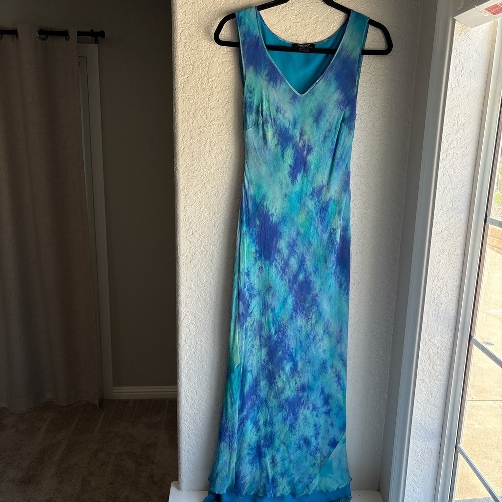 Women S Maxi Dress Y2K Blue Tie Dye Silk Sleeveless V-Neck Mermaid Boho Resort